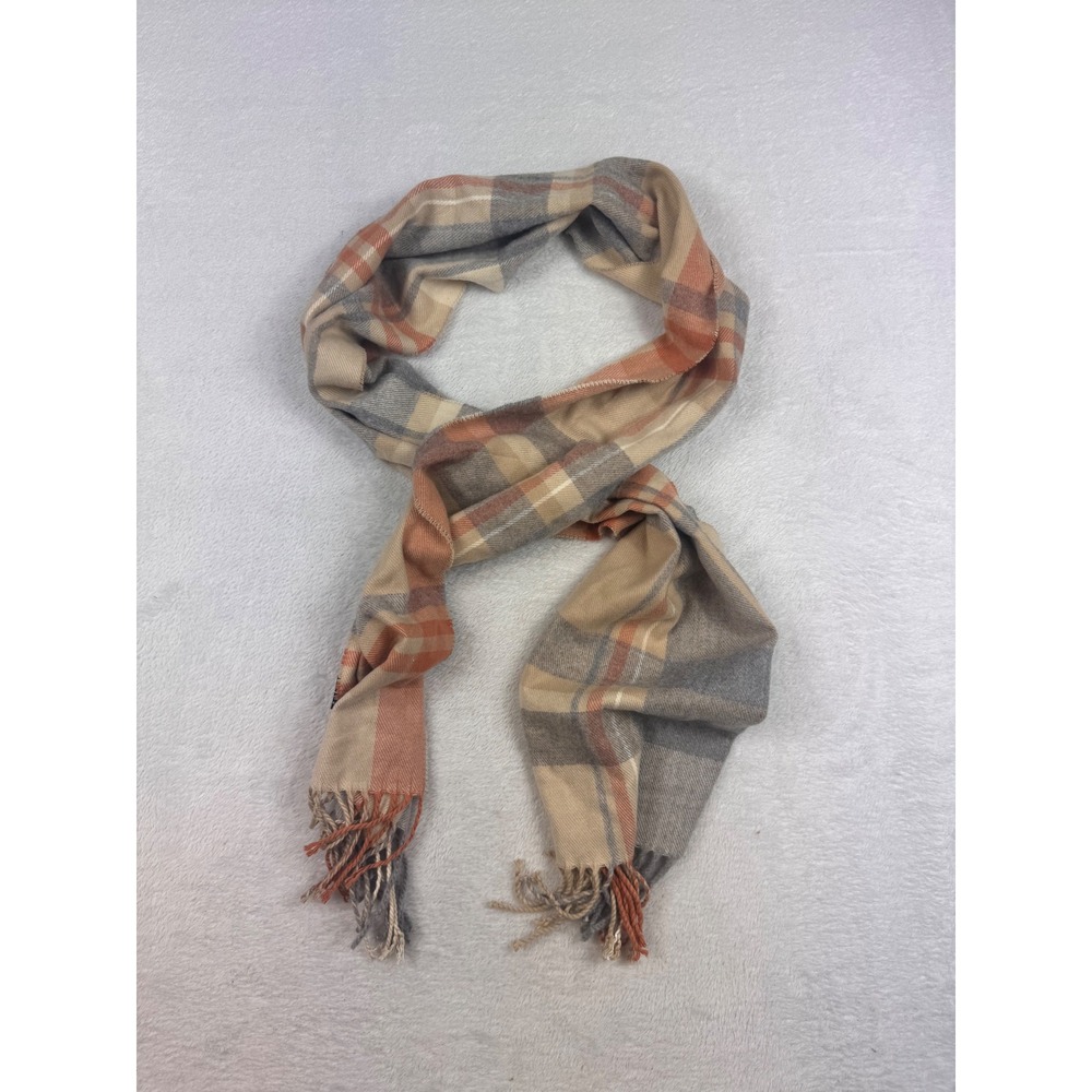 100% Cashmere Scarf Made in Scotland Beige Grey Orange Plaid Fringe Wrap